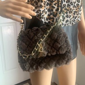 Crossbody furry purse with gold and brown strap